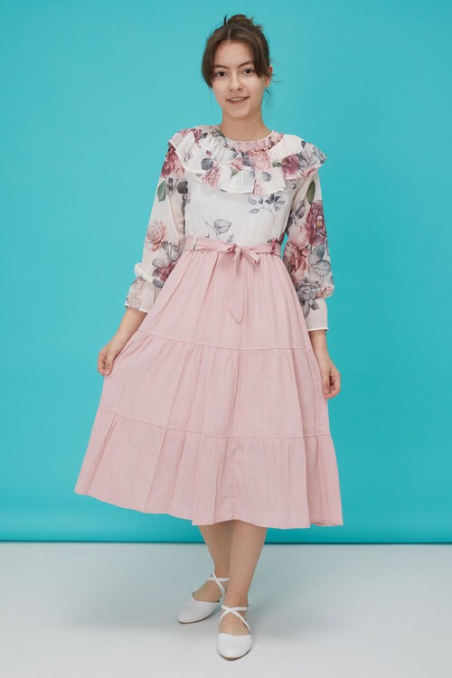 Açık Pembe Gül Desenli Boncuk İşlemeli Kuşaklı Kız Elbise 15125