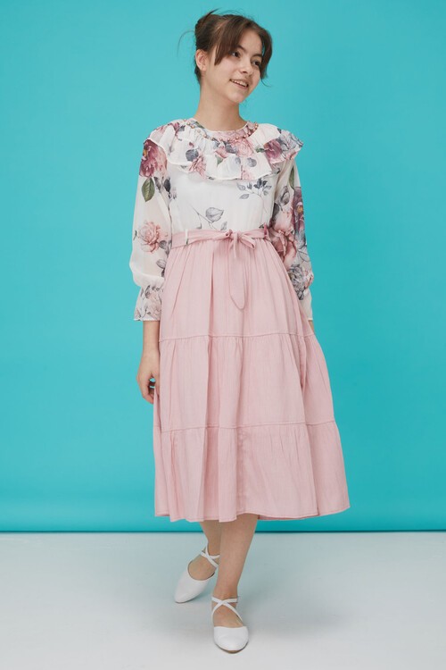 Açık Pembe Gül Desenli Boncuk İşlemeli Kuşaklı Kız Elbise 15125