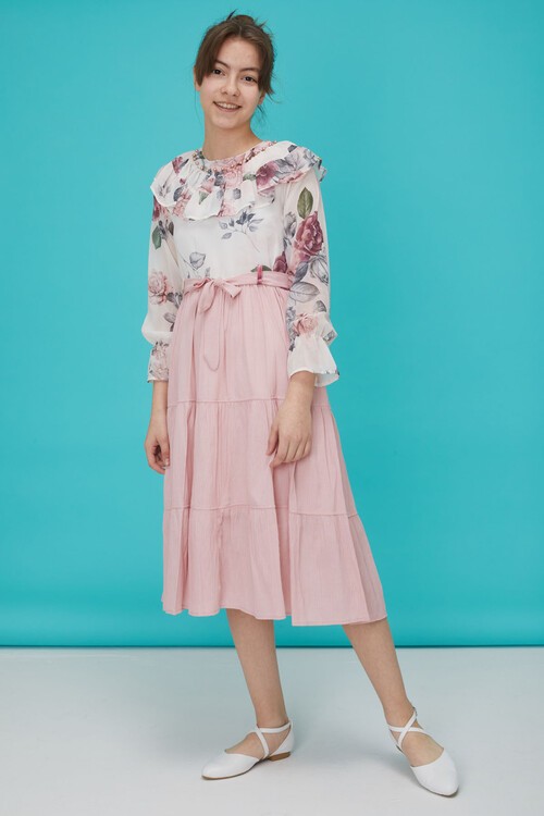 Açık Pembe Gül Desenli Boncuk İşlemeli Kuşaklı Kız Elbise 15125