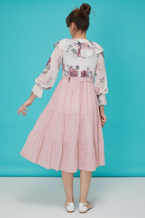 Açık Pembe Gül Desenli Boncuk İşlemeli Kuşaklı Kız Elbise 15125