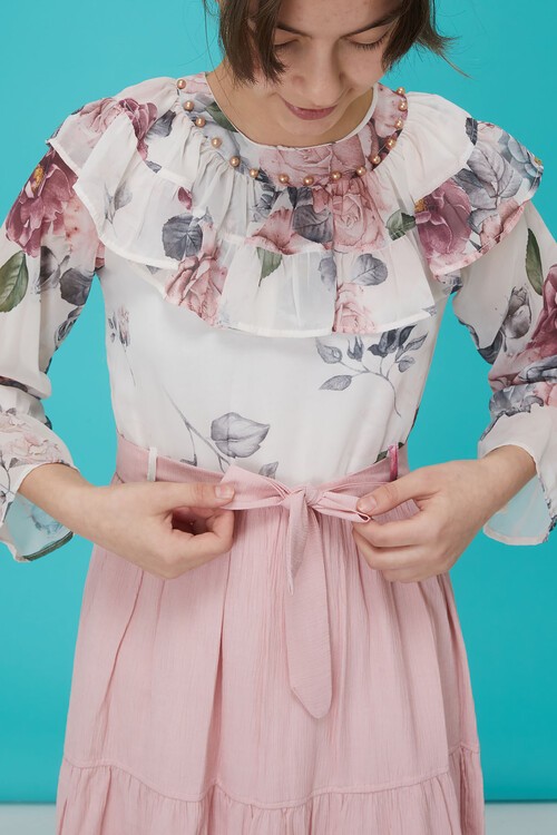 Açık Pembe Gül Desenli Boncuk İşlemeli Kuşaklı Kız Elbise 15125