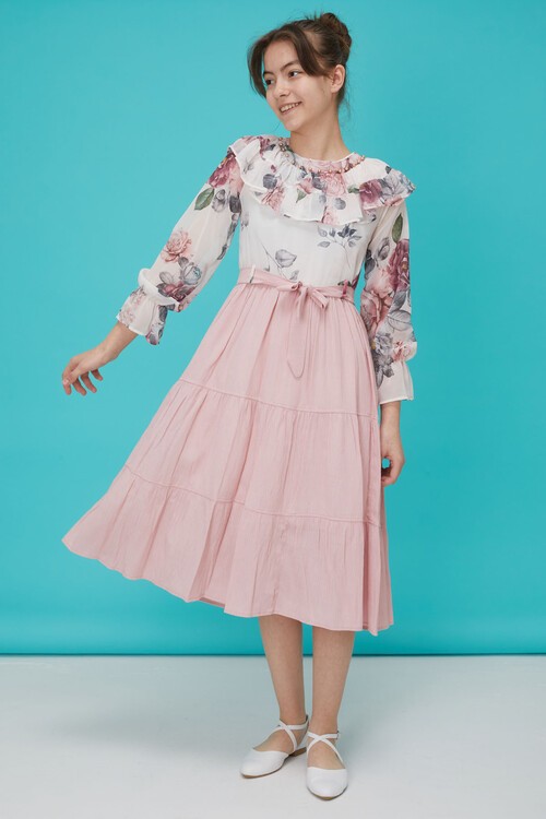 Açık Pembe Gül Desenli Boncuk İşlemeli Kuşaklı Kız Elbise 15125