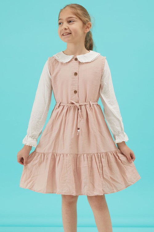 Açık Pembe Kız Çocuk Kuşaklı Dantel Yaka Elbise 15178