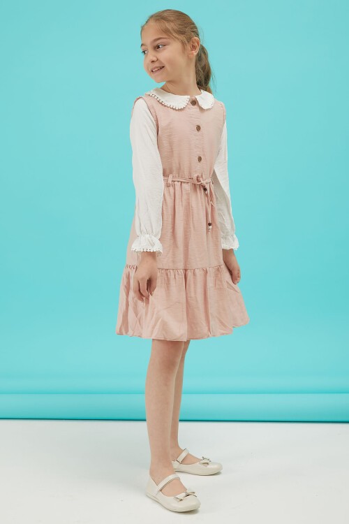 Açık Pembe Kız Çocuk Kuşaklı Dantel Yaka Elbise 15178