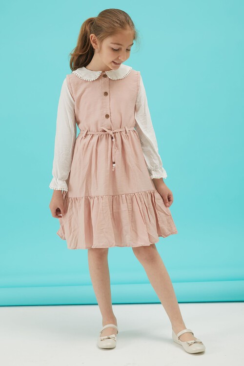 Açık Pembe Kız Çocuk Kuşaklı Dantel Yaka Elbise 15178