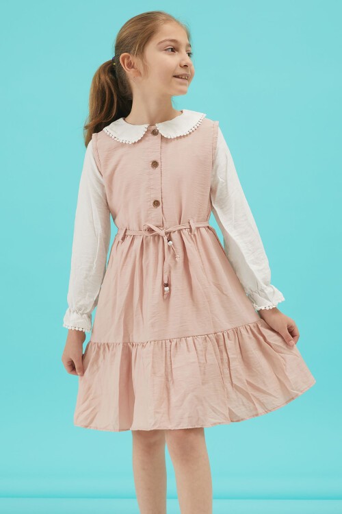 Açık Pembe Kız Çocuk Kuşaklı Dantel Yaka Elbise 15178
