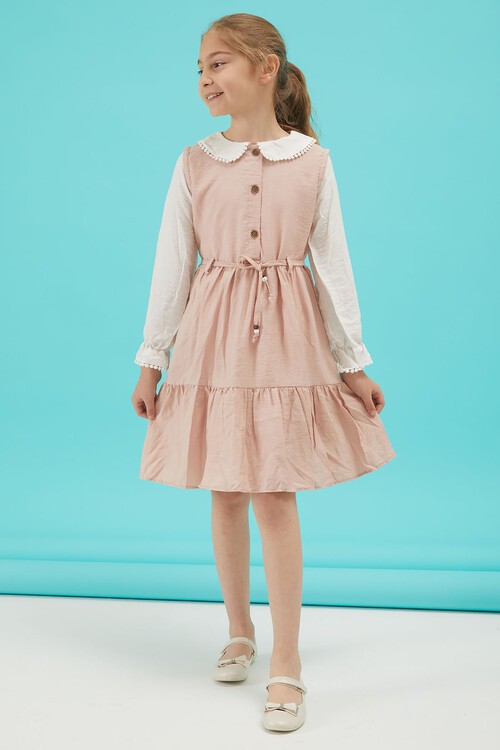 Açık Pembe Kız Çocuk Kuşaklı Dantel Yaka Elbise 15178