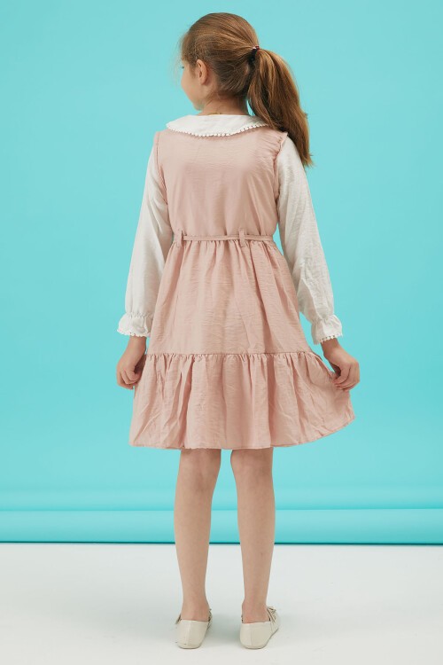 Açık Pembe Kız Çocuk Kuşaklı Dantel Yaka Elbise 15178