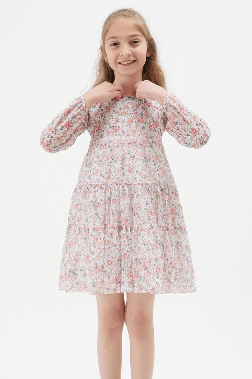 Beyaz Çiçek Desenli Kız Çocuk Elbise 15199