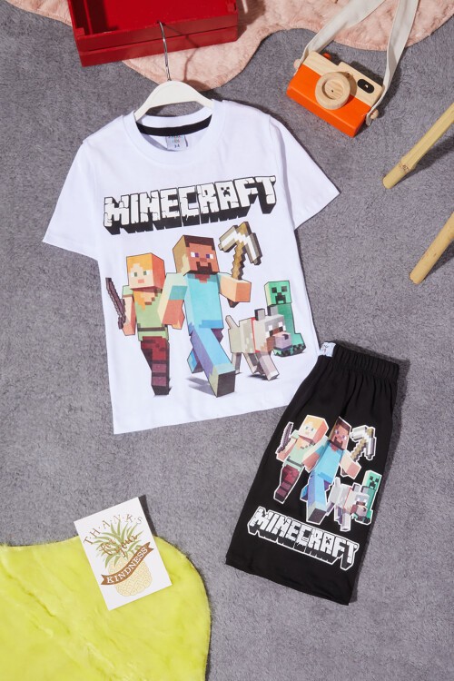 Beyaz Karakter Baskılı Erkek Çocuk Şortlu Takım 15278