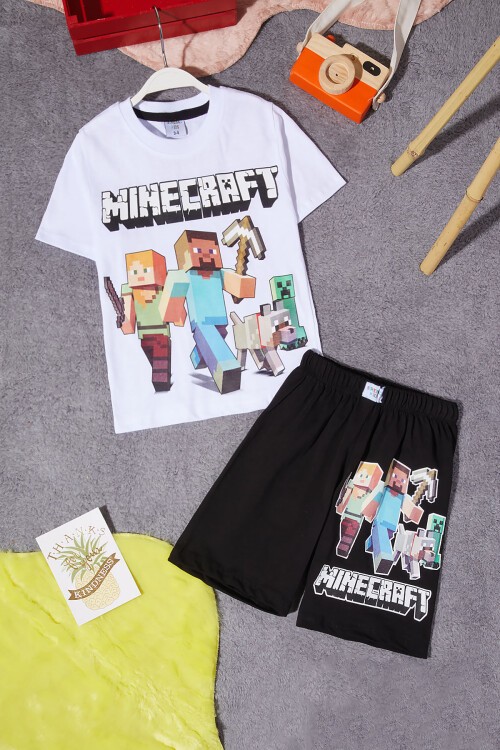 Beyaz Karakter Baskılı Erkek Çocuk Şortlu Takım 15278