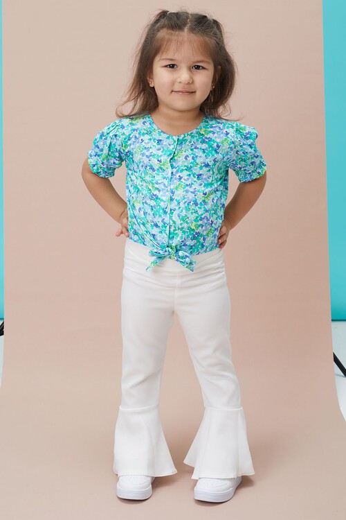 Çiçek Desenli İspanyol Paça Pantolon Gömlekli Kız Takım 15127