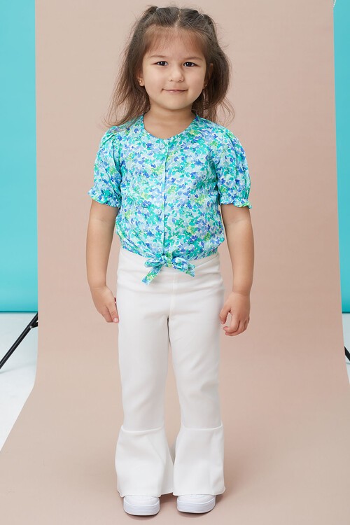 Çiçek Desenli İspanyol Paça Pantolon Gömlekli Kız Takım 15127