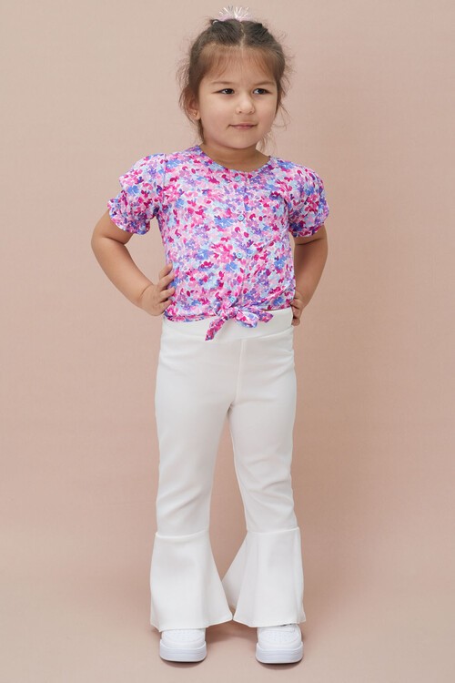 Çiçek Desenli İspanyol Paça Pantolon Gömlekli Kız Takım 15127