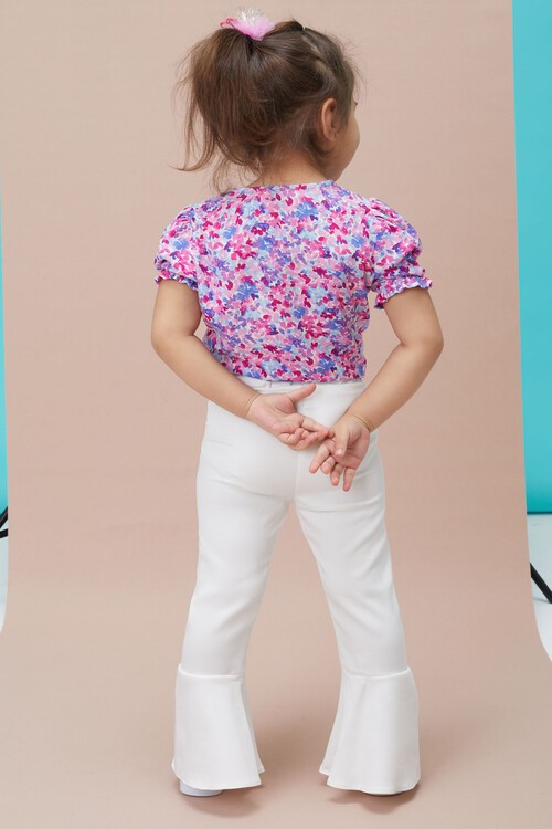 Çiçek Desenli İspanyol Paça Pantolon Gömlekli Kız Takım 15127