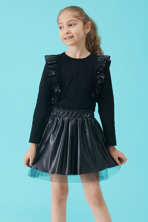 Deri Etekli Volanlı Bluz Kız Çocuk Takım 15105