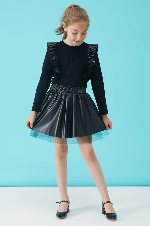 Deri Etekli Volanlı Bluz Kız Çocuk Takım 15105