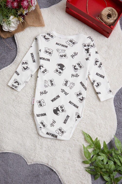 Erkek Bebek Beyaz Panda Baskılı Uzun Kol Çıtçıtlı Badi 14980