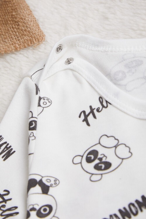 Erkek Bebek Beyaz Panda Baskılı Uzun Kol Çıtçıtlı Badi 14980
