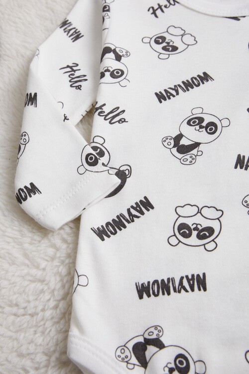 Erkek Bebek Beyaz Panda Baskılı Uzun Kol Çıtçıtlı Badi 14980