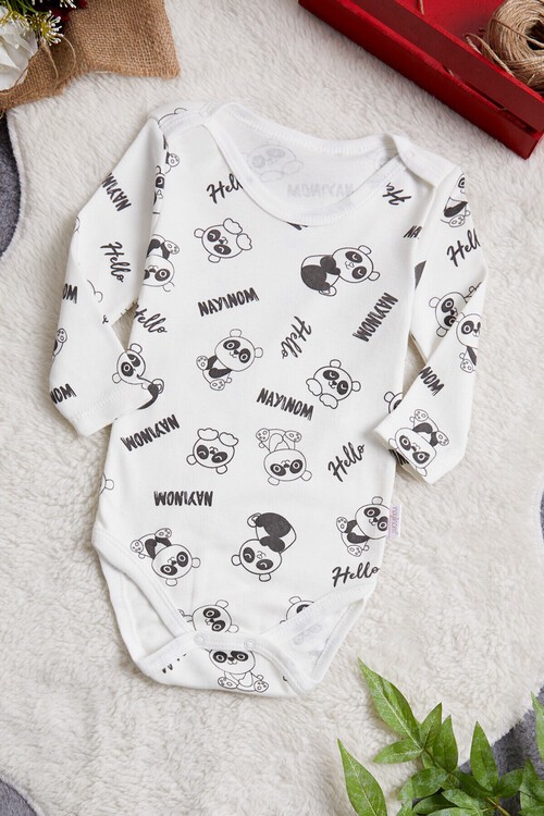 Erkek Bebek Beyaz Panda Baskılı Uzun Kol Çıtçıtlı Badi 14980