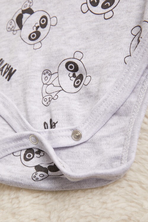 Erkek Bebek Gri Panda Baskılı Uzun Kol Çıtçıtlı Badi 14981