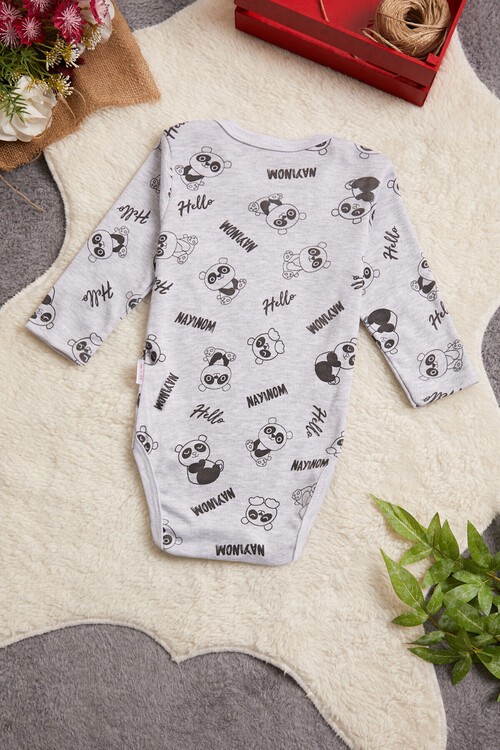 Erkek Bebek Gri Panda Baskılı Uzun Kol Çıtçıtlı Badi 14981