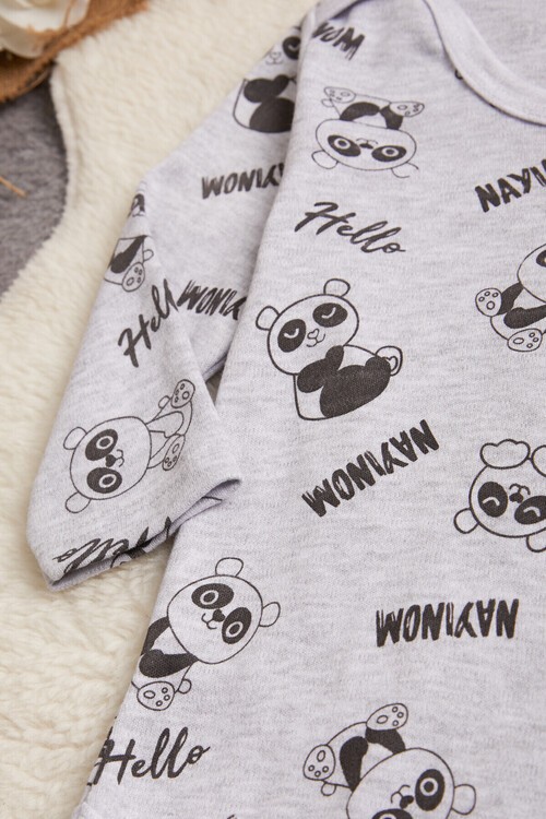 Erkek Bebek Gri Panda Baskılı Uzun Kol Çıtçıtlı Badi 14981