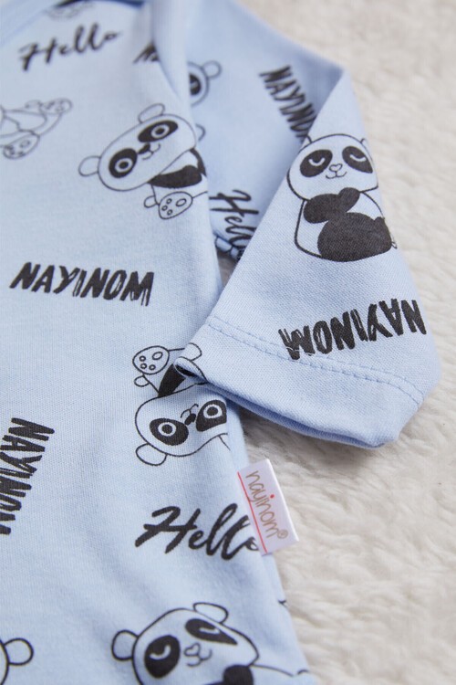Erkek Bebek Mavi Panda Baskılı Uzun Kol Çıtçıtlı Badi 14983