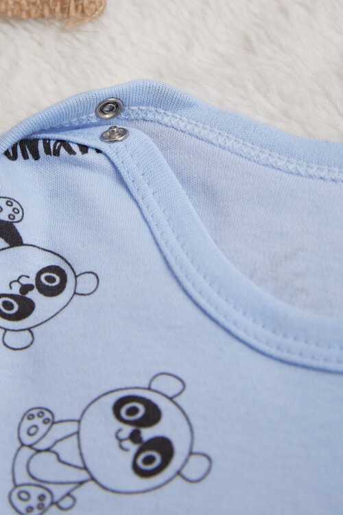 Erkek Bebek Mavi Panda Baskılı Uzun Kol Çıtçıtlı Badi 14983