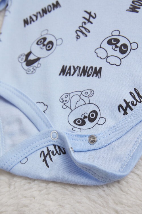 Erkek Bebek Mavi Panda Baskılı Uzun Kol Çıtçıtlı Badi 14983
