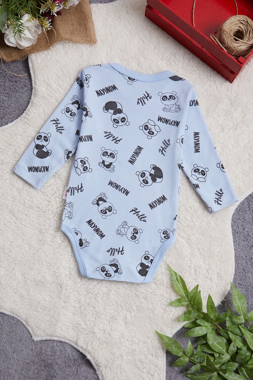 Erkek Bebek Mavi Panda Baskılı Uzun Kol Çıtçıtlı Badi 14983