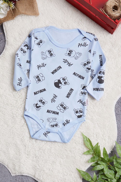 Erkek Bebek Mavi Panda Baskılı Uzun Kol Çıtçıtlı Badi 14983