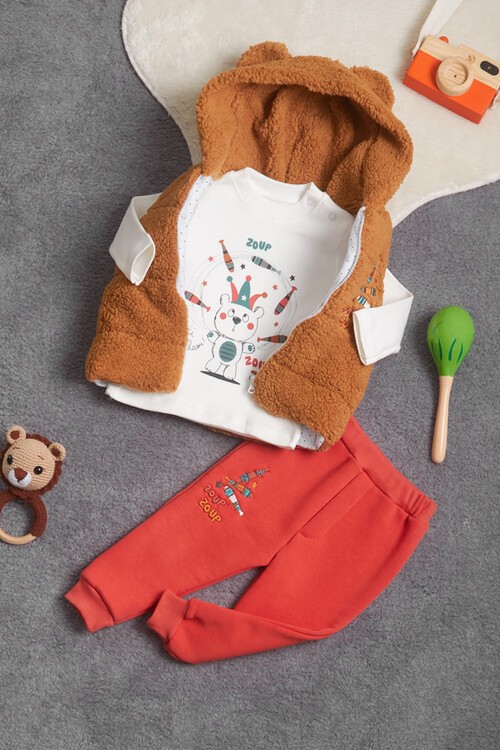 Erkek Bebek Pofuduk Yelekli Ayıcıklı 3lü Eşofman Takımı 14586