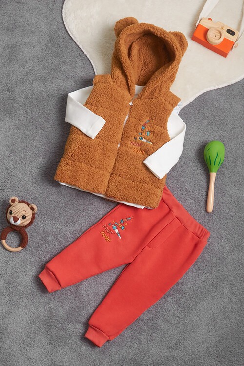 Erkek Bebek Pofuduk Yelekli Ayıcıklı 3lü Eşofman Takımı 14586