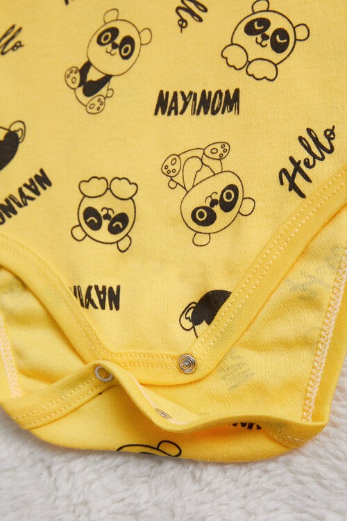 Erkek Bebek Sarı Panda Baskılı Uzun Kol Çıtçıtlı Badi 14982