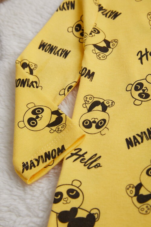 Erkek Bebek Sarı Panda Baskılı Uzun Kol Çıtçıtlı Badi 14982