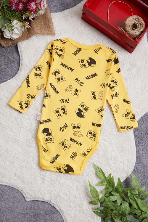 Erkek Bebek Sarı Panda Baskılı Uzun Kol Çıtçıtlı Badi 14982