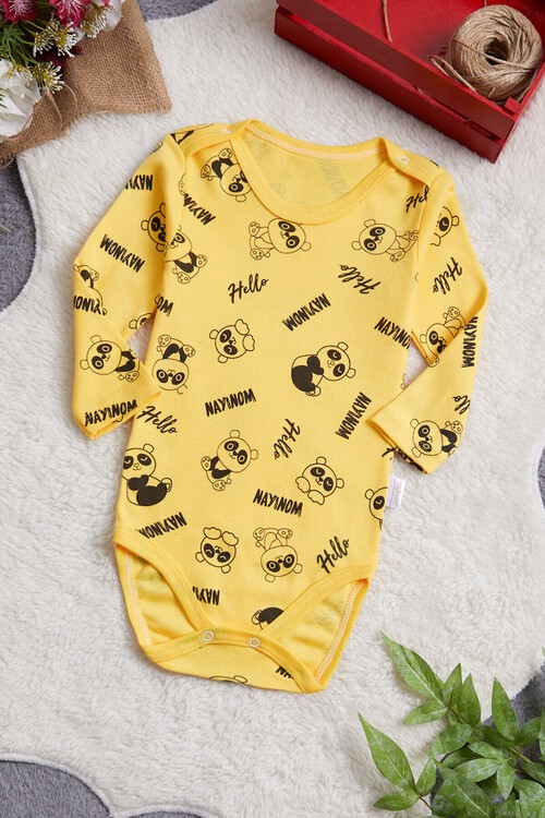 Erkek Bebek Sarı Panda Baskılı Uzun Kol Çıtçıtlı Badi 14982