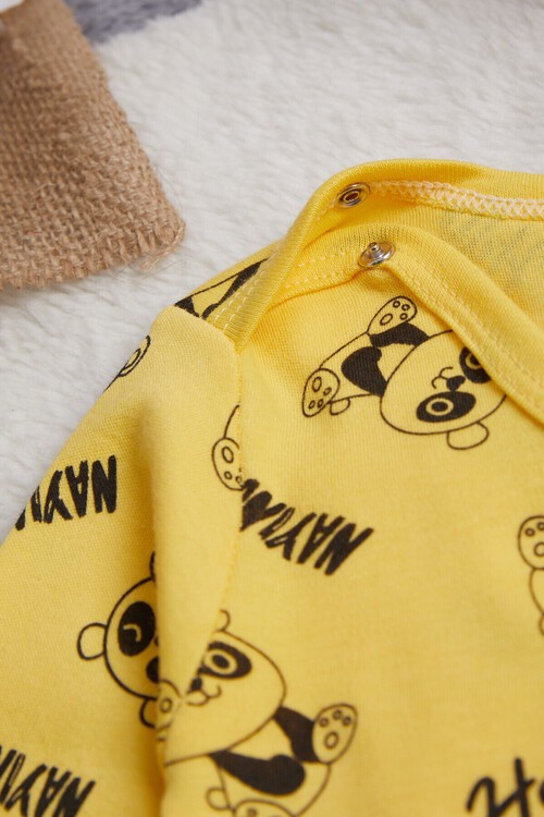 Erkek Bebek Sarı Panda Baskılı Uzun Kol Çıtçıtlı Badi 14982