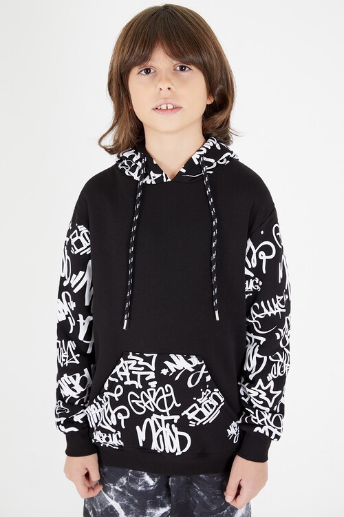 Erkek Çocuk Kolları Yazılı Polarlı Kapşonlu Sweatshirt 14617
