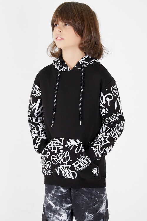Erkek Çocuk Kolları Yazılı Polarlı Kapşonlu Sweatshirt 14617
