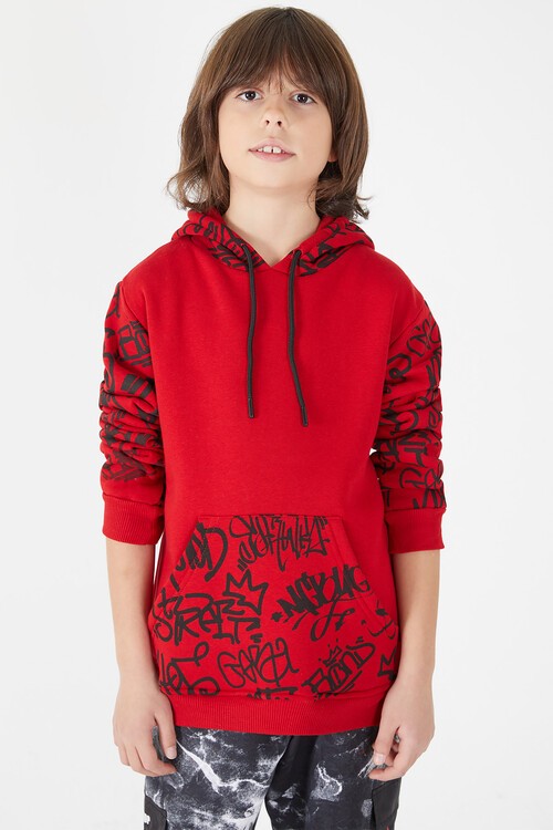 Erkek Çocuk Kolları Yazılı Polarlı Kapşonlu Sweatshirt 14617