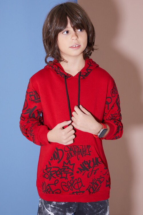 Erkek Çocuk Kolları Yazılı Polarlı Kapşonlu Sweatshirt 14617