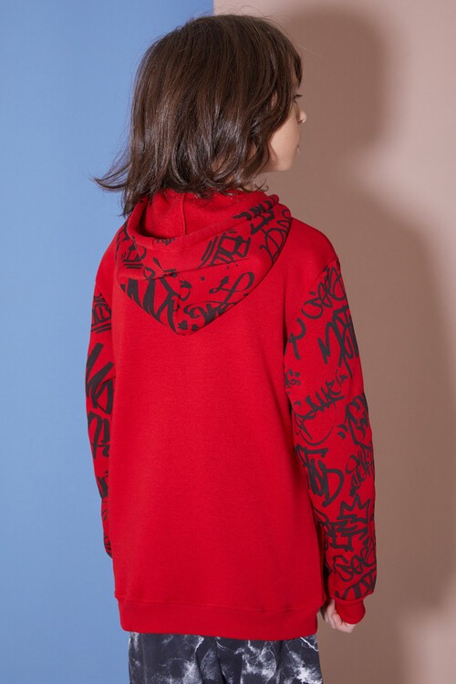 Erkek Çocuk Kolları Yazılı Polarlı Kapşonlu Sweatshirt 14617