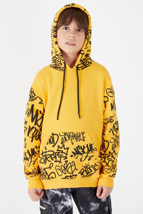 Erkek Çocuk Kolları Yazılı Polarlı Kapşonlu Sweatshirt 14617