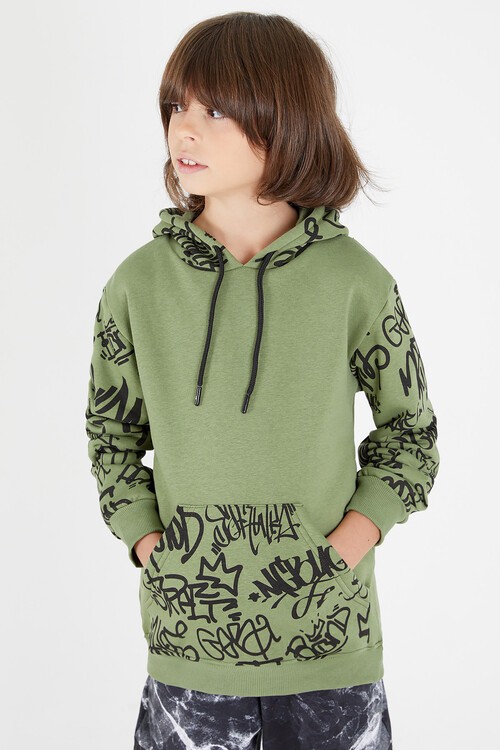 Erkek Çocuk Kolları Yazılı Polarlı Kapşonlu Sweatshirt 14617