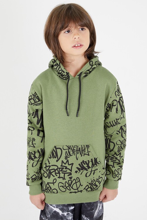 Erkek Çocuk Kolları Yazılı Polarlı Kapşonlu Sweatshirt 14617