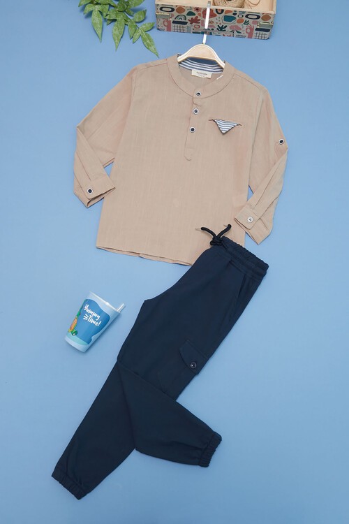 Erkek Çocuk Krem Gömlek ve Pantolonlu 2li Takım 15128
