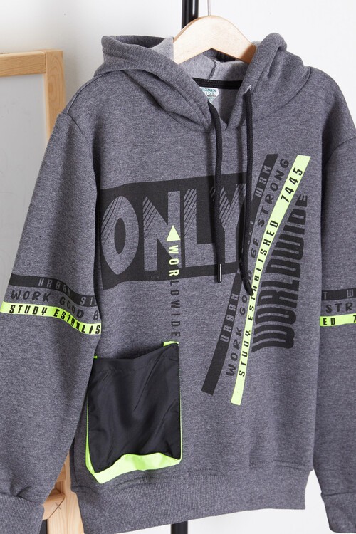 Erkek Çocuk Only Yazı Baskılı Polarlı Kapüşonlu Sweatshirt 14603